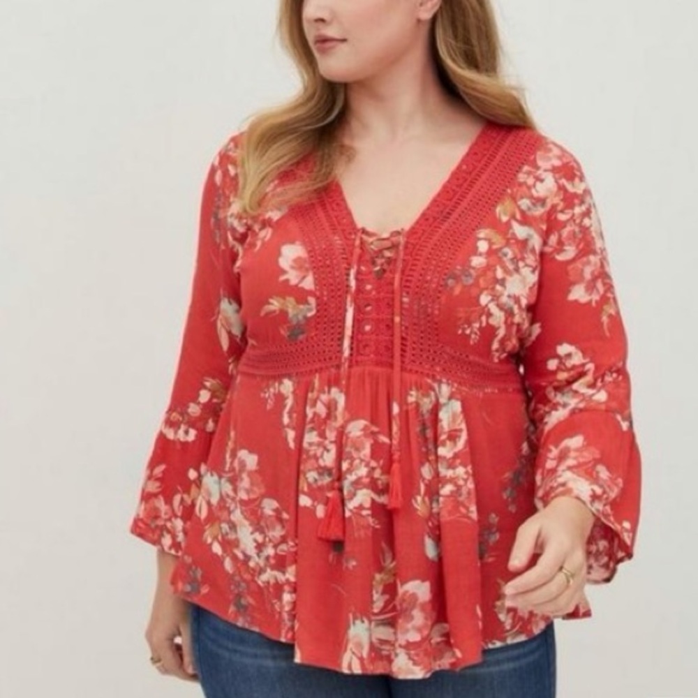 Torrid Babydoll Gauze Crochet Trim Lace-Up Top